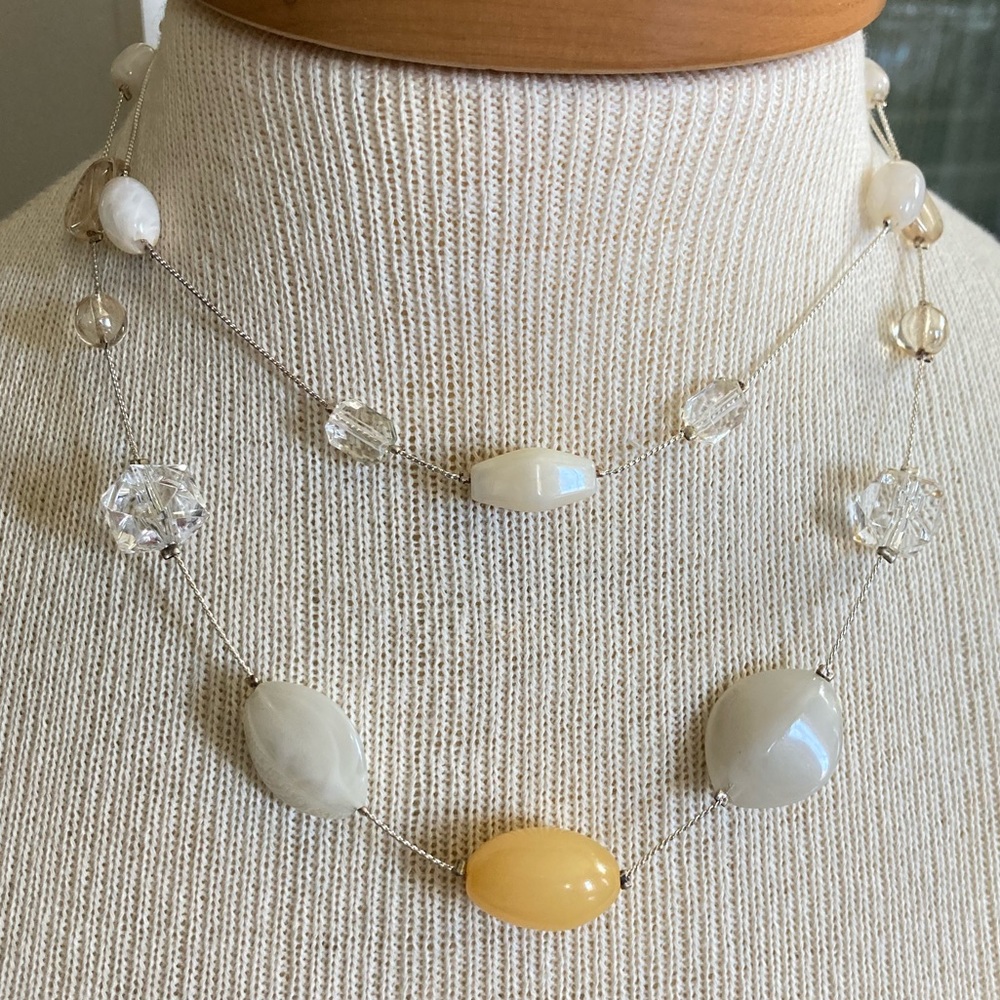 MULTI LAYER BEAD NECKLACE SILVERTONE WHITE, CLEAR & GOLD BEADS